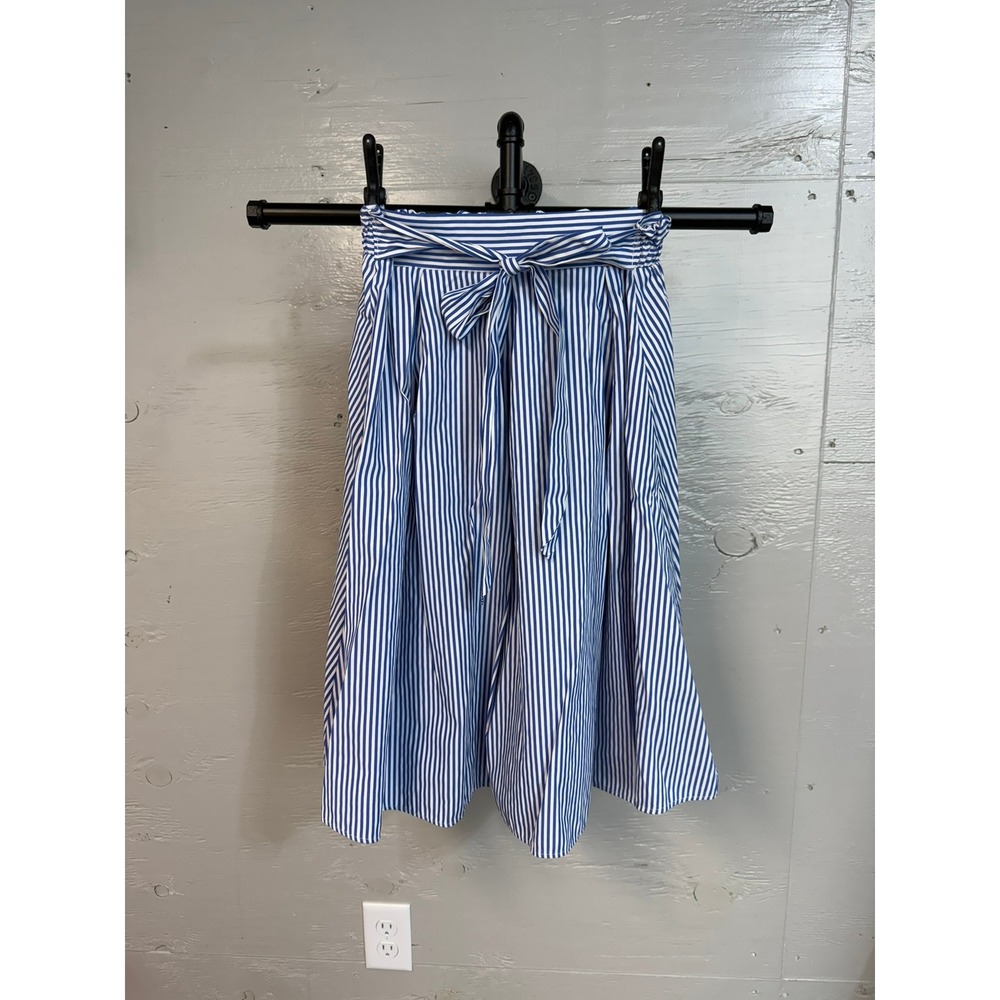 See You Monday Blue White Striped Paperbag Waist Midi Skirt Large Tie Belt